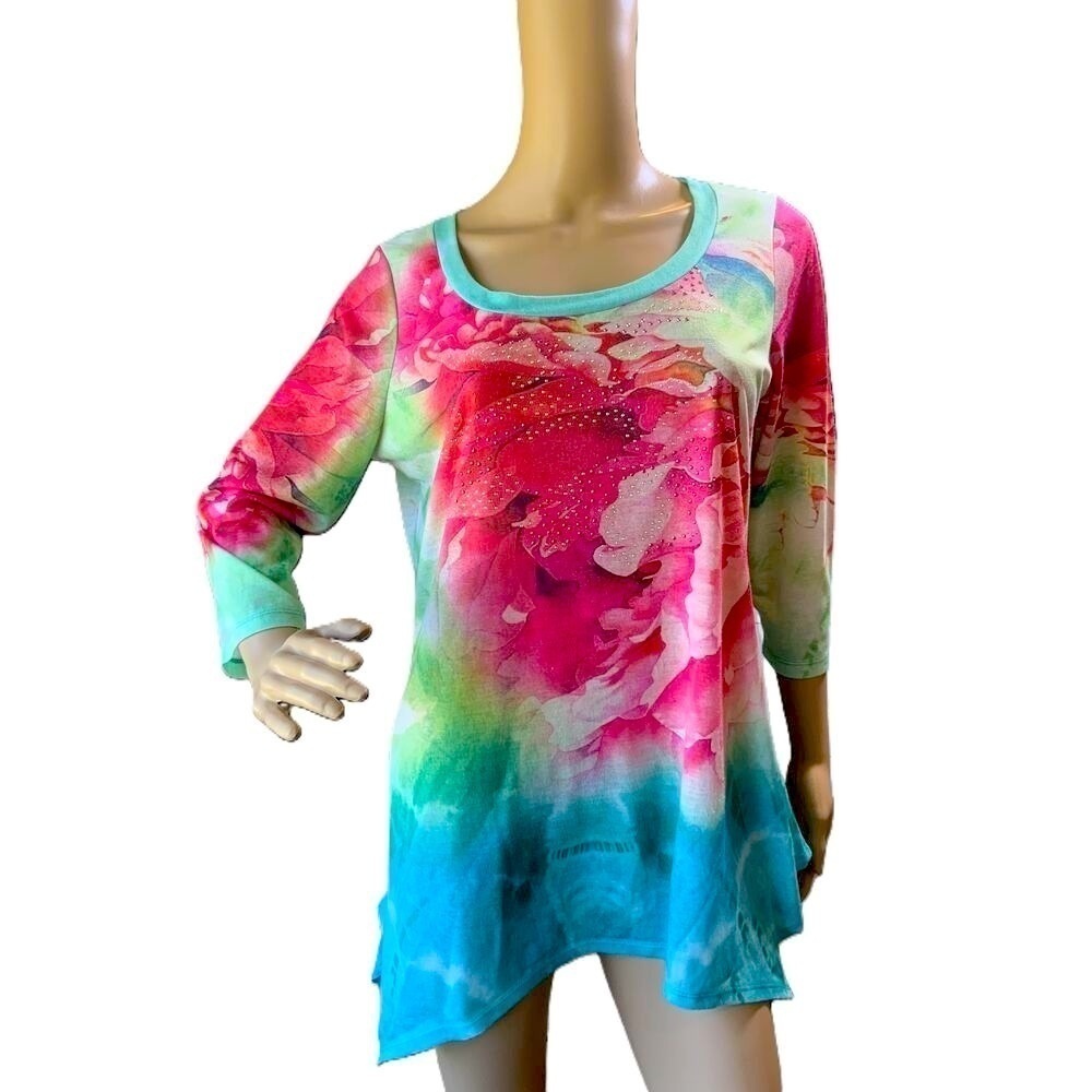 French Bazaan Multicolor Floral Rhinestone Asymmetrical Tunic Blouse Size Medium